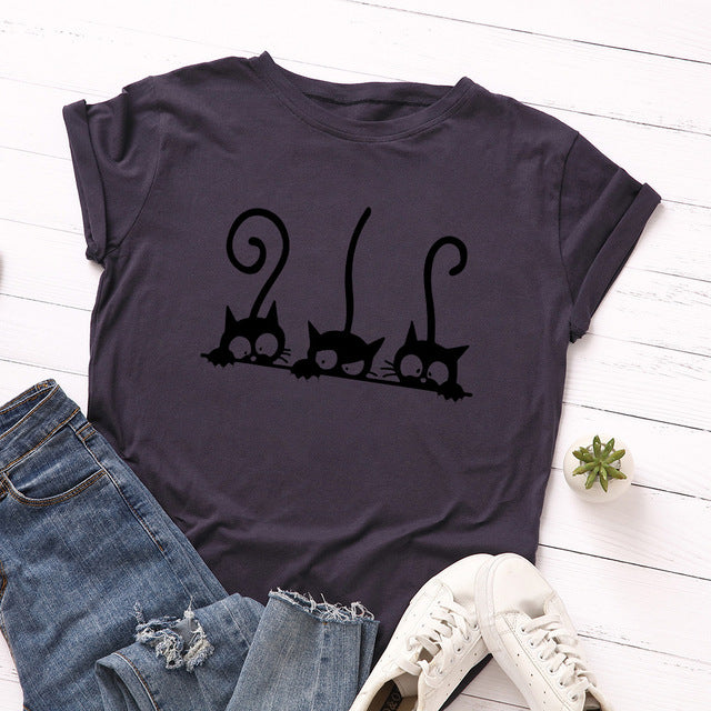 the AVOIDANT KITTY - Women Cotton Cats Short Sleeve Print T-Shirt