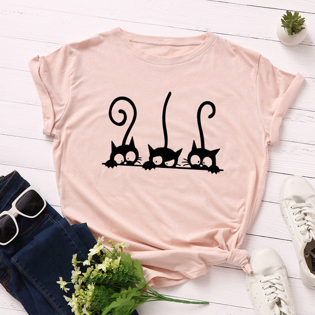 the AVOIDANT KITTY - Women Cotton Cats Short Sleeve Print T-Shirt