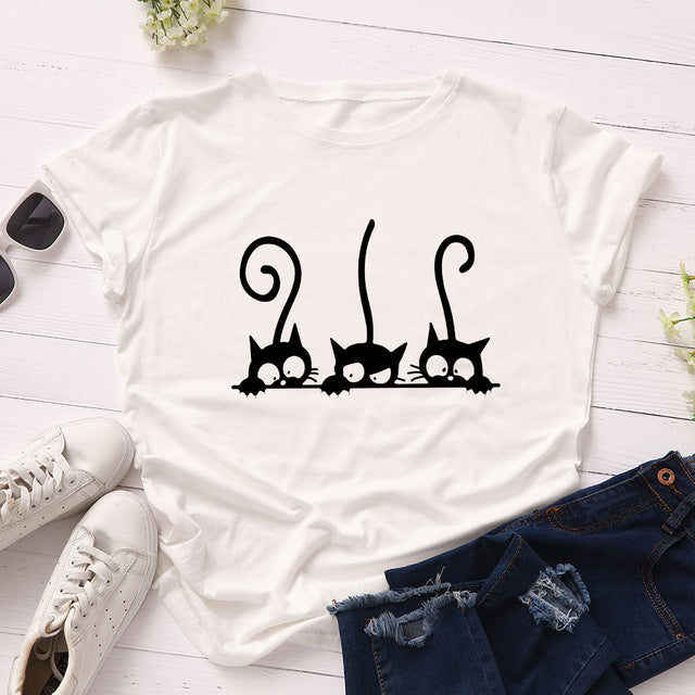 the AVOIDANT KITTY - Women Cotton Cats Short Sleeve Print T-Shirt