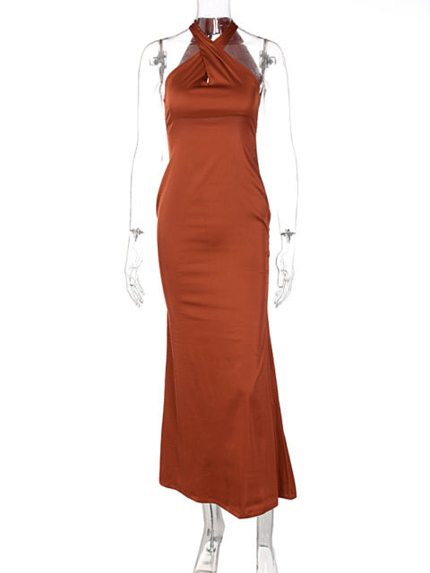 the QUINN Dress - Satin Sleeveless Halter Midi Dress Bodycon