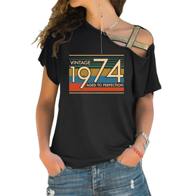 the VINTAGE - Letters Print Cross Bandage T-Shirt for Women