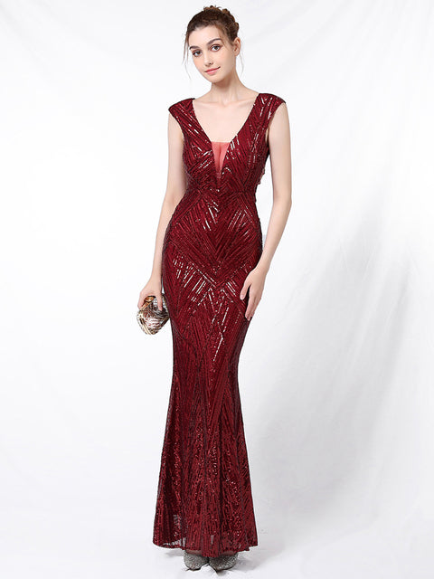 the GRACE Dress - Sexy V Neck Backless Sequin Evening Dress