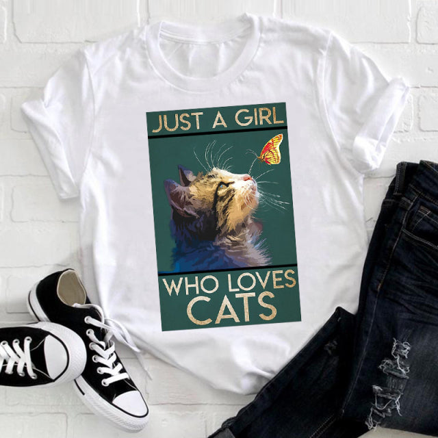 the BOOK CAT - Women Cute Cat Striped Cute T-Shirt