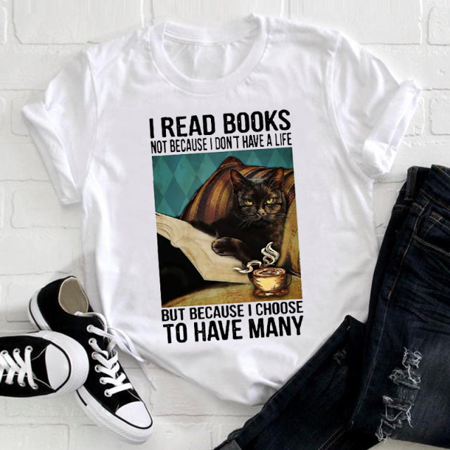 the BOOK CAT - Women Cute Cat Striped Cute T-Shirt