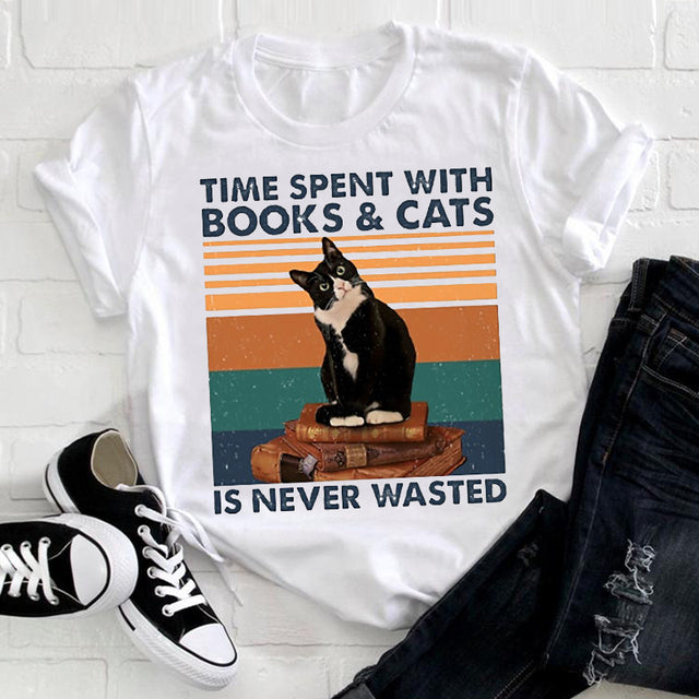 the BOOK CAT - Women Cute Cat Striped Cute T-Shirt