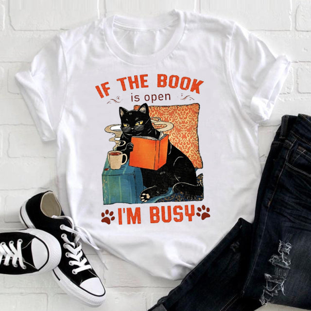 the BOOK CAT - Women Cute Cat Striped Cute T-Shirt