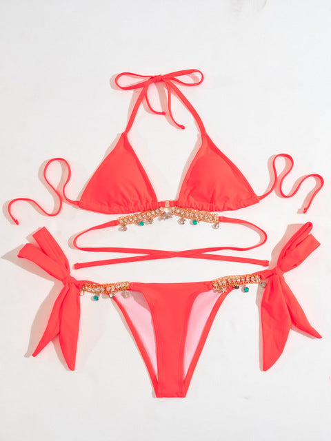 the RHINESTONE - Women Rhinestone Halter Bikini Female Swimsuit