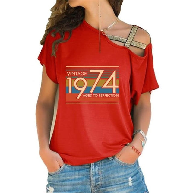 the VINTAGE - Letters Print Cross Bandage T-Shirt for Women