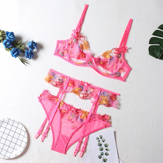 the PINK N PRETTY - Woman Embroidery 3-Piece Sensual Lingerie Set