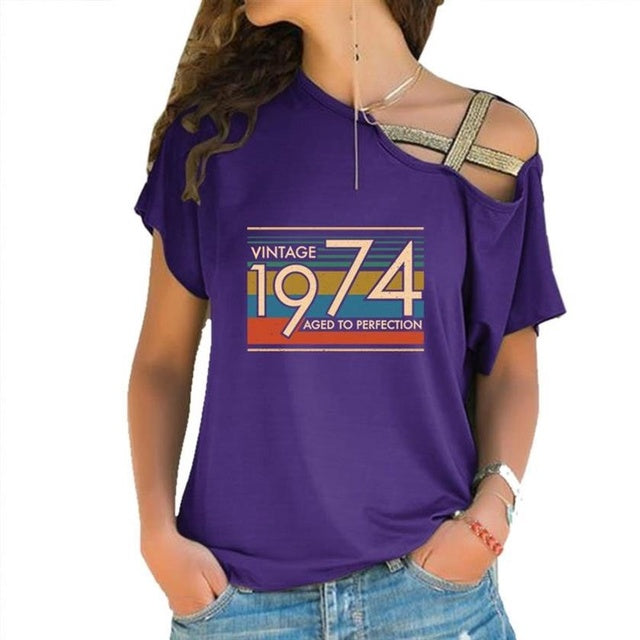 the VINTAGE - Letters Print Cross Bandage T-Shirt for Women