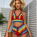 the KNITTED KITTY - Multi Color Knitted Rainbow Striped Off Bikini Beachwear