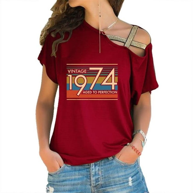 the VINTAGE - Letters Print Cross Bandage T-Shirt for Women