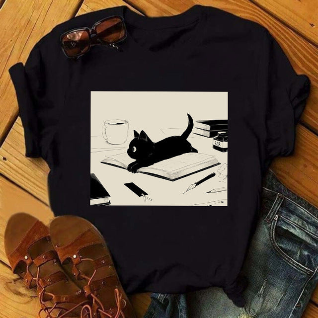 the BLACK CAT - Women Cat Ink Black T-Shirt