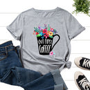 the COFFEE ADDICT - Women Short Sleeve Floral Cup Letter Print T-Shirt