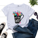 the COFFEE ADDICT - Women Short Sleeve Floral Cup Letter Print T-Shirt